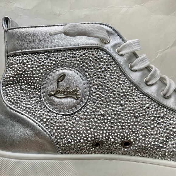Mens Christian Louboutin Louis High Top Sneakers Silver Metallic Crystal Size 45 - Picture 8 of 12